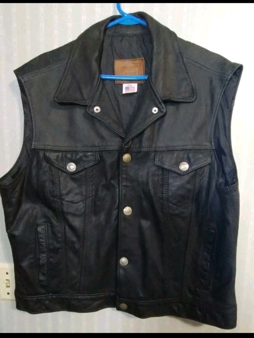 VTG Walter Dyer Black Leather Biker Vest Buffalo Nickel Snaps USA Made Size XXL